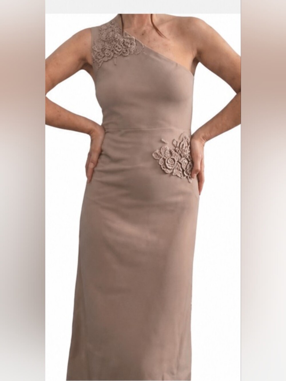 Zesica Womens One Shoulder Floral Crochet Maxi Dress Taupe Wedding Guest L NWT
